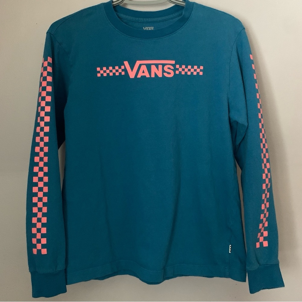 Vans Teal Checkerboard Long Sleeve T-Shirt Size Small Streetwear